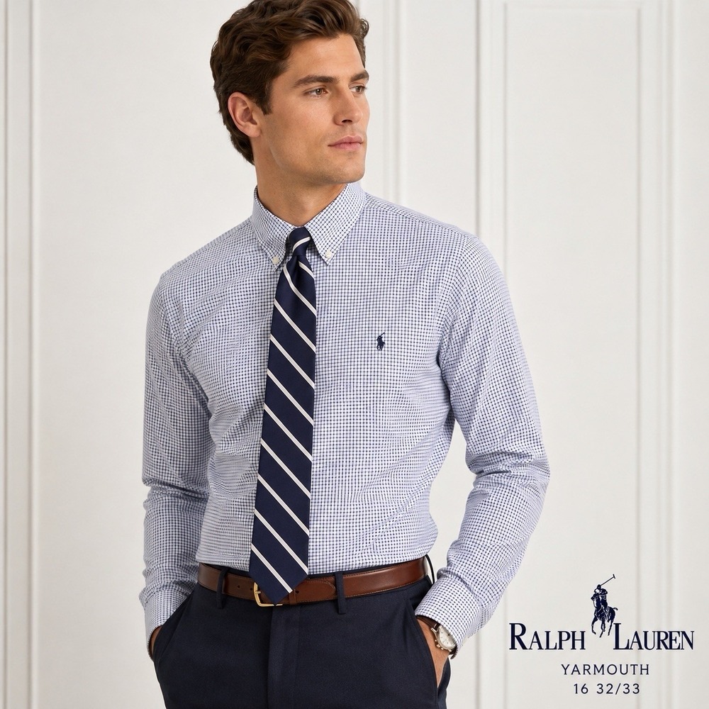 Polo Ralph Lauren Yarmouth Men's 16 32/33 Blue White Check Cotton Dress Shirt